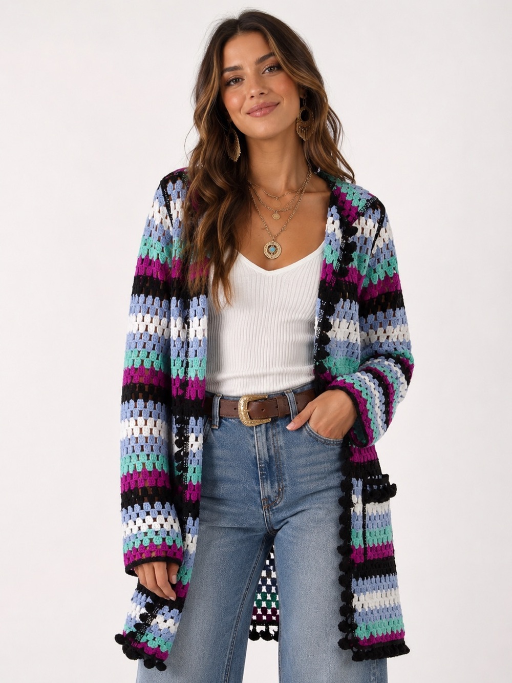 Free the Roses Colorful Striped Crochet Hooded BOHO‎ Cardigan XS/S